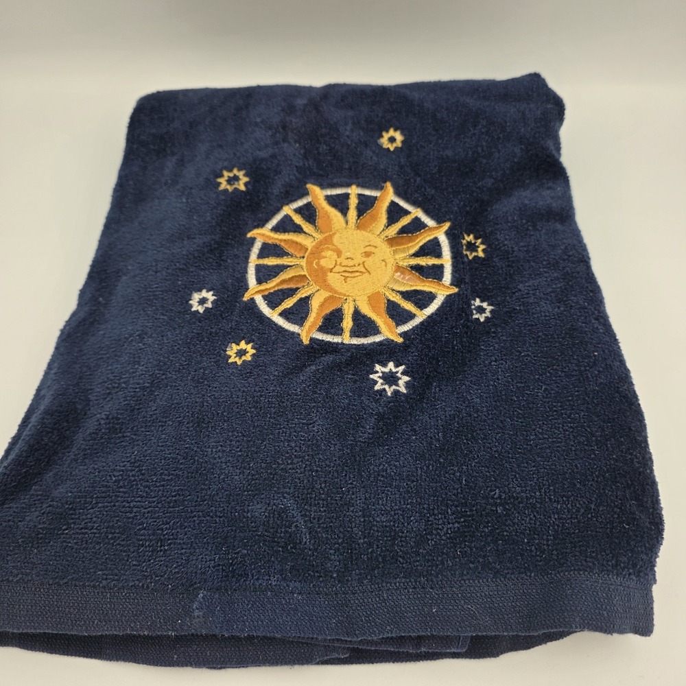 Vtg 90s Celestial Bath Towel Y2K Sun Stars Blue Saturday Knight Whimsical Magic